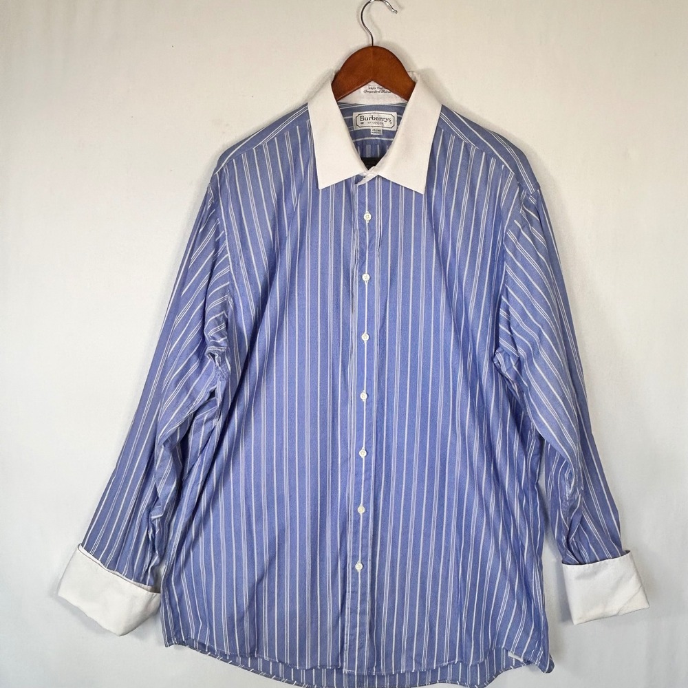 Vintage Burberrys of London Mens Blue White Stripe French Cuff Shirt 17.5 35